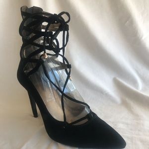 Black Suede SZ 9 Stiletto Lace up Tie Ankle Strap